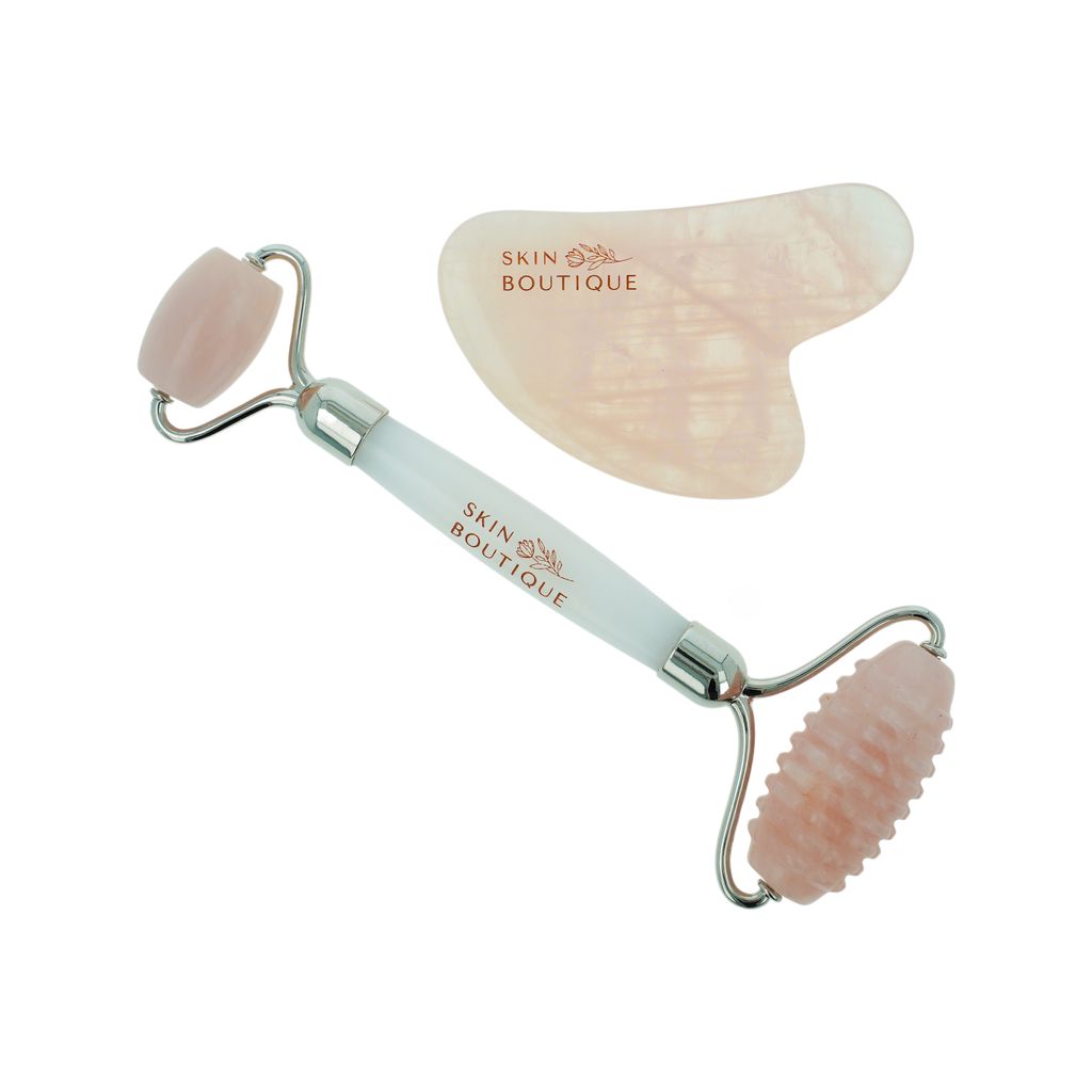 Rose Quartz Crystal Facial Roller + rose quartz gua sha