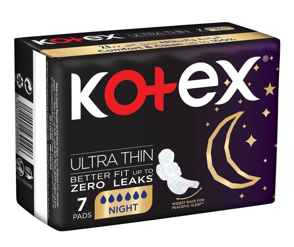 Kotex Ultra Thin Pads, Overnight Protection Sanitary Pads with Wings, 7 Sanitary Pads