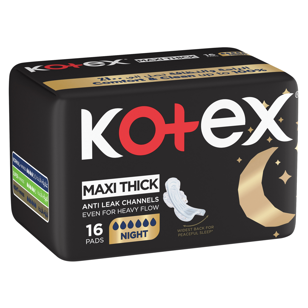 Kotex Maxi Protect Thick Pads, Overnight Protection Sanitary Pads with Wings, 16 Sanitary Pads