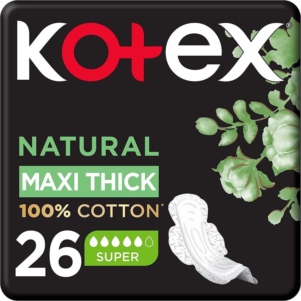 Kotex Natural Maxi Protect Thick Pads, 100% Cotton Pad, Super Size with Wings, 26 Sanitary Pads