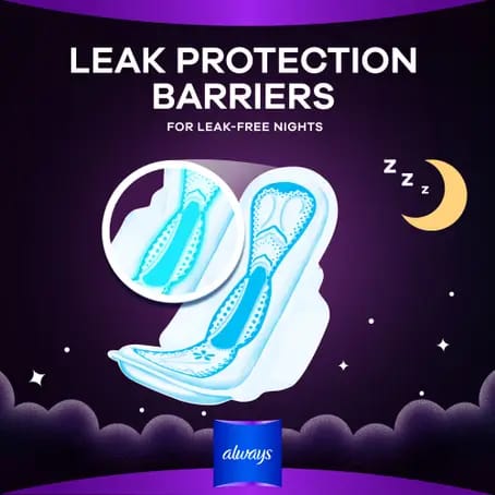 Always Clean & Dry Maxi Thick, Night sanitary pads with wings, 24 Count