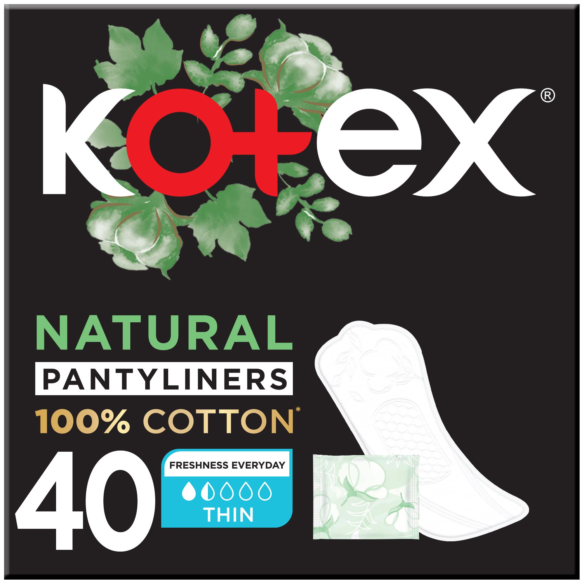 Kotex Natural Panty Liners, 100% Cotton, Thin Size, 40 Daily Panty Liners