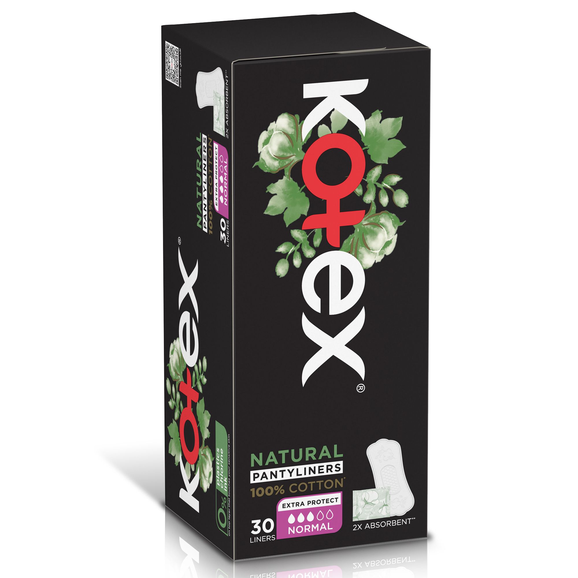Kotex Natural Panty Liners, 100% Cotton, Normal Size, 30 Daily Panty Liners