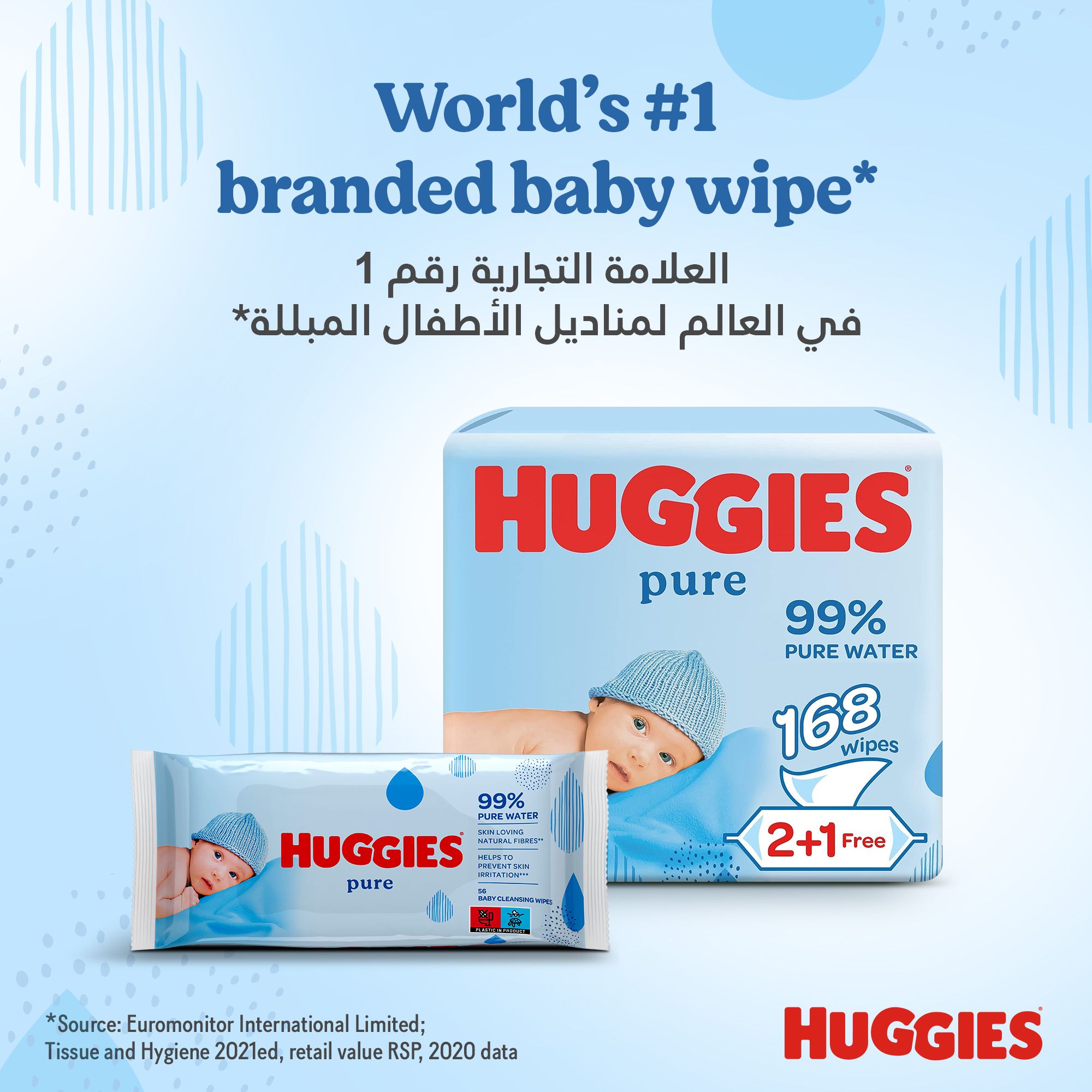 Huggies Pure Baby Wipes, 99% Pure Water Wipes, 3 Pack x 56 Wipes (168 Wipes)