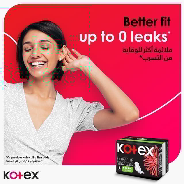 Kotex Ultra Thin Pads, Super Size Sanitary Pads with Wings, 8 Sanitary Pads